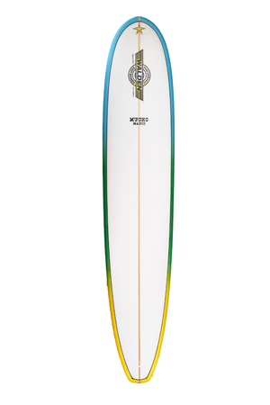 Mucho Magic Surfboard with a colorful design on a white background