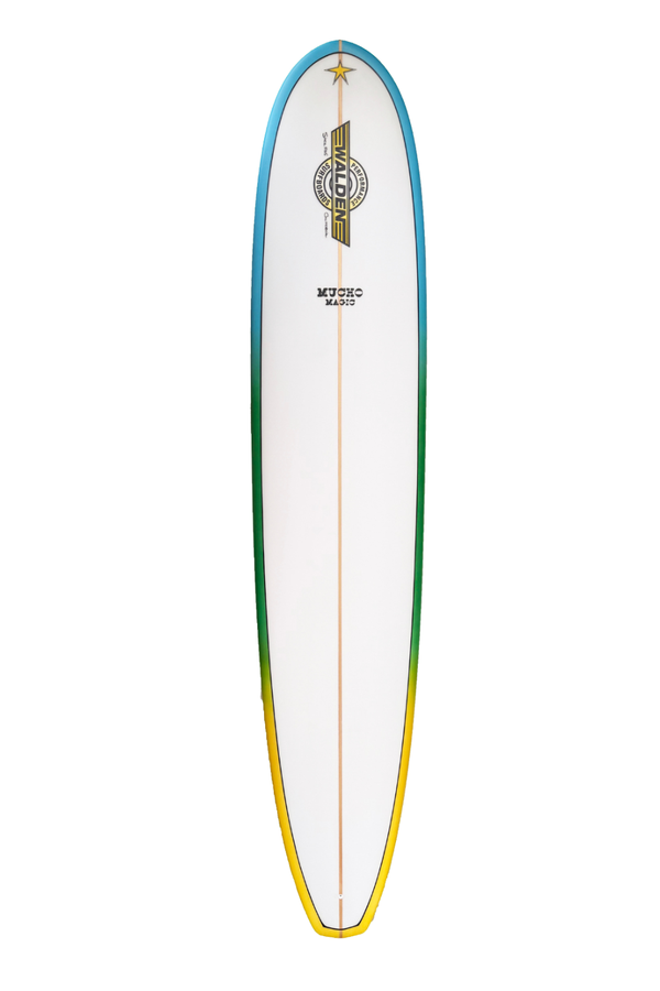Mucho Magic Surfboard with a colorful design on a white background